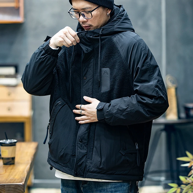 冬季宽松潮牌大码美式棉衣男士加绒加厚连帽外套男羊羔绒棉服男款