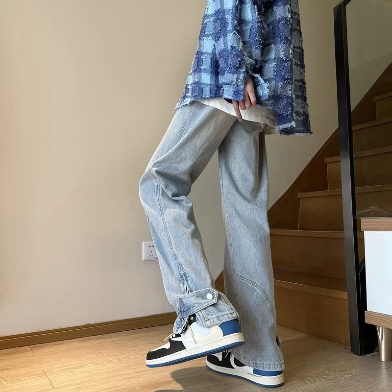 欧美高街vibe裤子潮牌春秋美式复古浅蓝色牛仔裤男修身开叉微喇裤