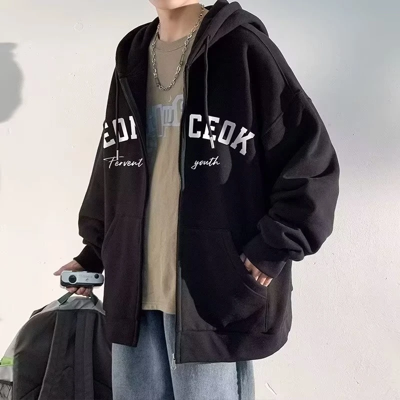 纯棉美式宽松运动卫衣男春秋装韩版休闲连帽薄款加绒连帽开衫外套