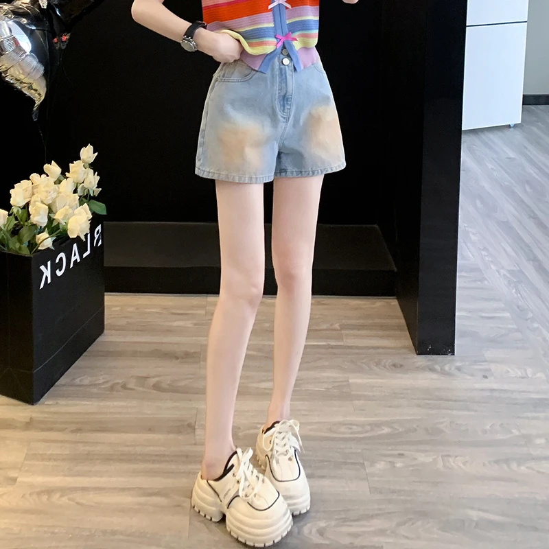 扎染腮红牛仔短裤女夏季新款时尚减龄百搭显瘦高腰阔腿裤a字热裤