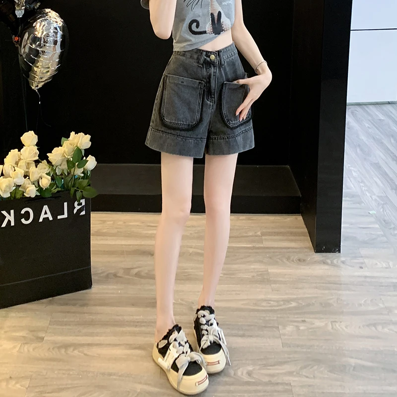 辣妹复古牛仔短裤女夏季薄款2024高腰显瘦美式设计感a字阔腿热裤