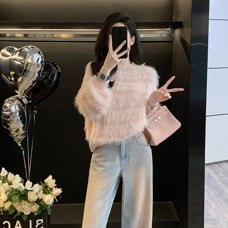 小个子短款流苏毛衣打底衫时尚洋气百搭毛针织衫上衣2024秋冬新款