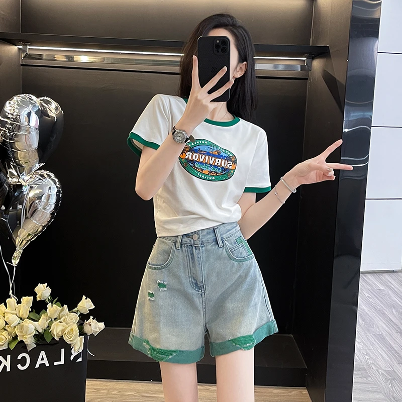 夏季女装别致撞色显瘦短袖t恤女2024新款设计感小众短款辣妹上衣