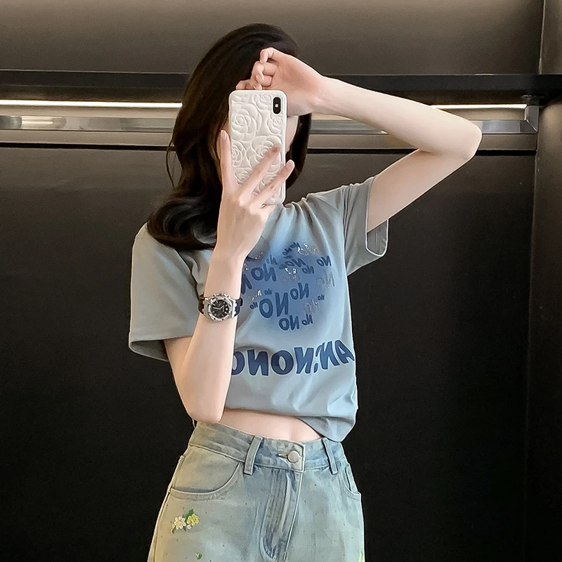 欧货夏季新款时尚烫钻印花短袖t恤女高端捏褶显瘦辣妹百搭小上衣