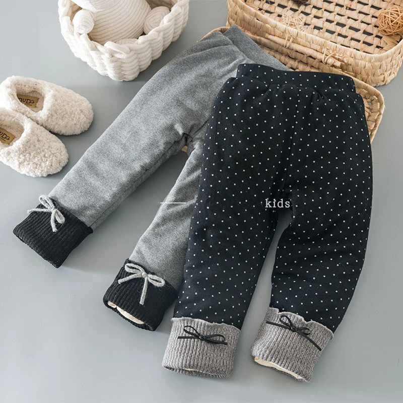 冬季女童一条过冬三层夹棉打底裤儿童抗寒宝宝洋气波点拼接保暖裤