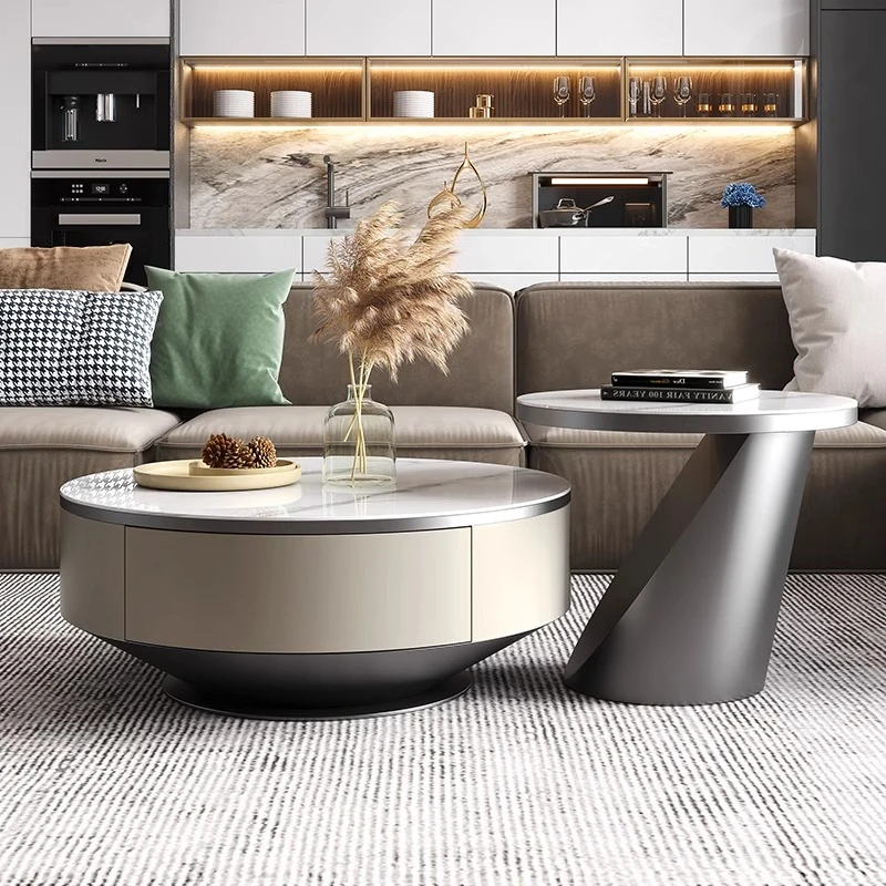 岩板钛金电视柜茶几现代简约风格小户型家用不锈钢烤漆储物大小圆