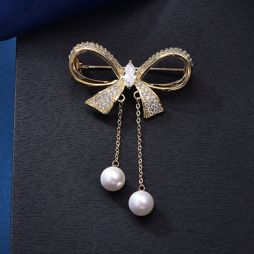 合金仿珍珠胸针 【精致流苏蝴蝶结胸针】配饰大衣毛衣别针胸花