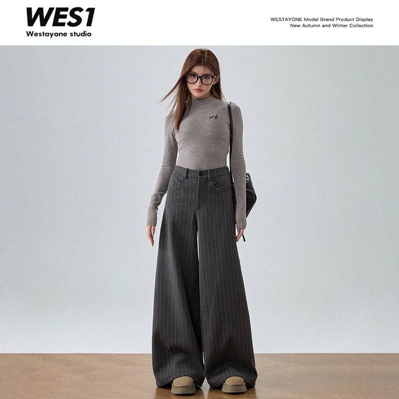 WESTAYONE秋冬条纹阔腿裤加绒宽松百搭盖脚裤女
