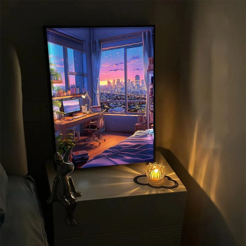 黄昏日落客厅灯光画摆件治愈系风景床头小夜灯日落西山餐厅发光画