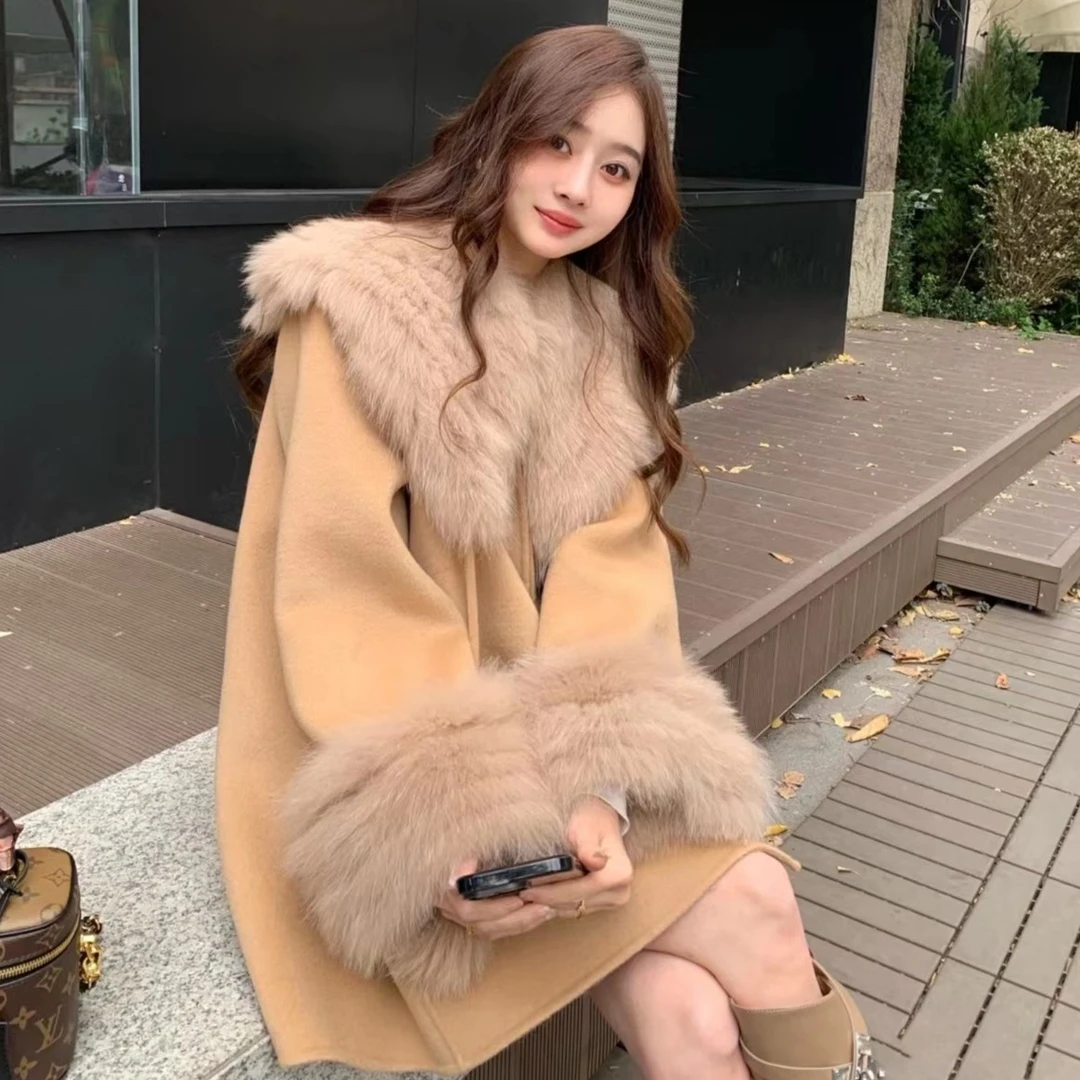 【STAR】星星同款狐狸毛领羊毛双面呢斗篷大衣外套可拆卸