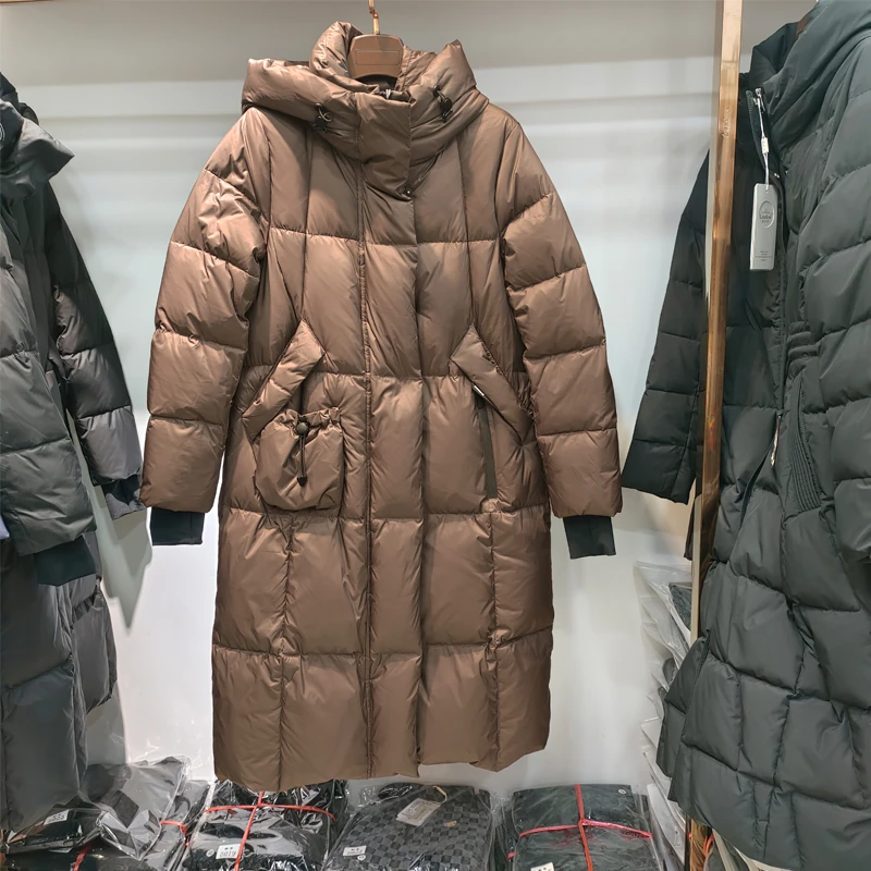 咖啡色长款棉服女2024冬季新款韩版宽松过膝加厚保暖面包服棉衣女