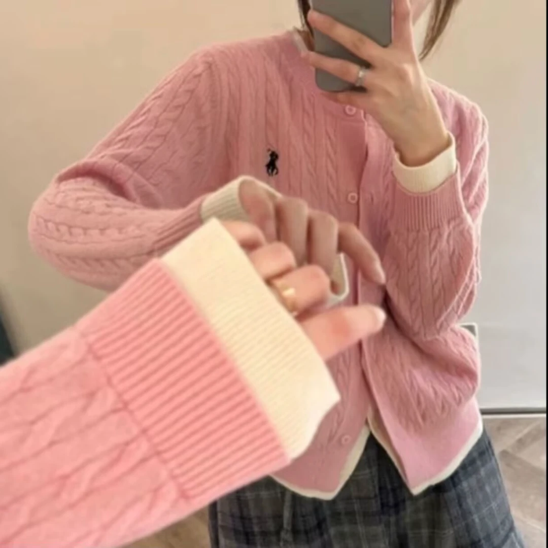 撞色假两件100%纯羊毛圆领绞花针织开衫女 减龄毛衣外套上衣