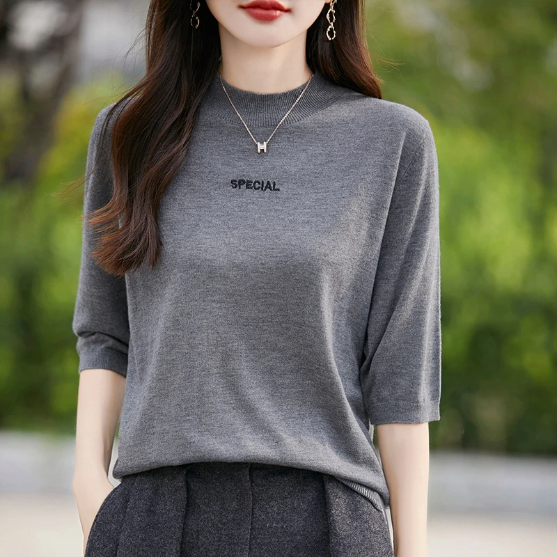 16针精纺羊毛 半高领刺绣针织衫五分袖薄款宽松百搭中袖上衣3281