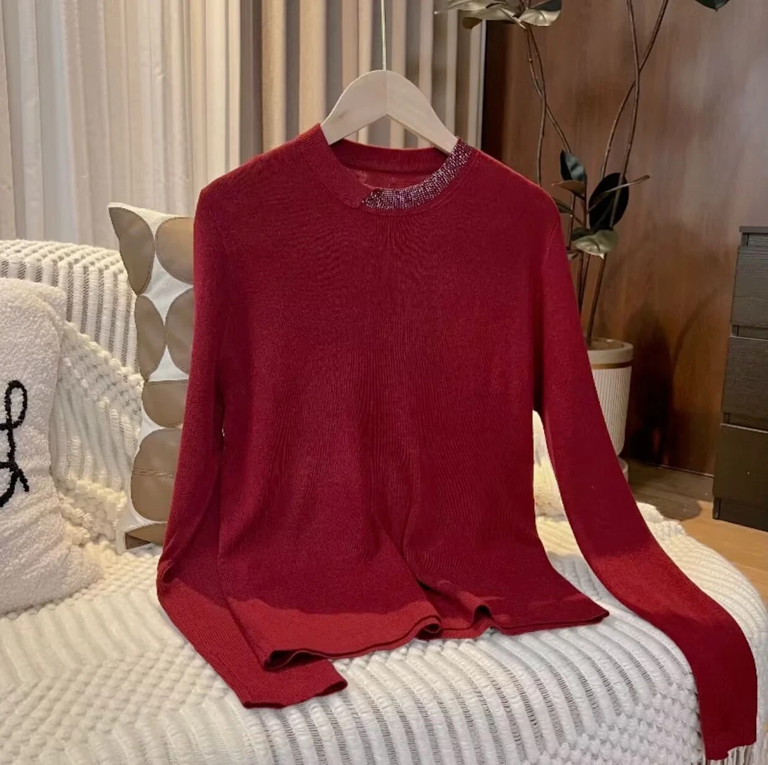 重工镶钻设计长袖精纺羊 毛针织衫圆领百搭纯色上衣宽松打底衫256