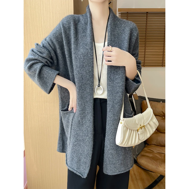 慵懒风毛衣外套女100纯羊毛针织开衫中长款宽松外搭洋气纯色2437