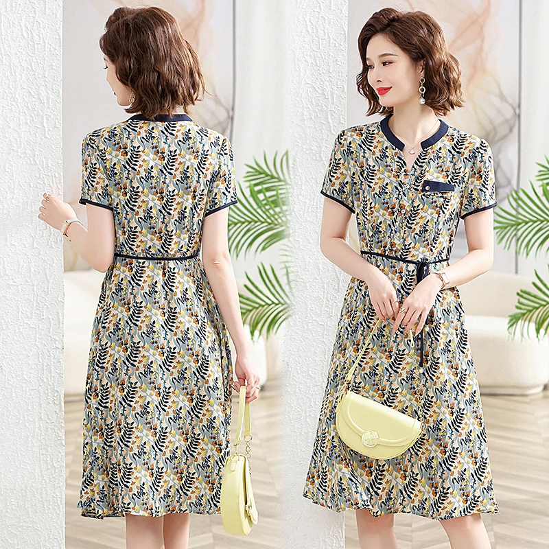 春夏超显瘦连衣裙裙子碎花气质时尚夏季收腰修身印花大码妈妈装