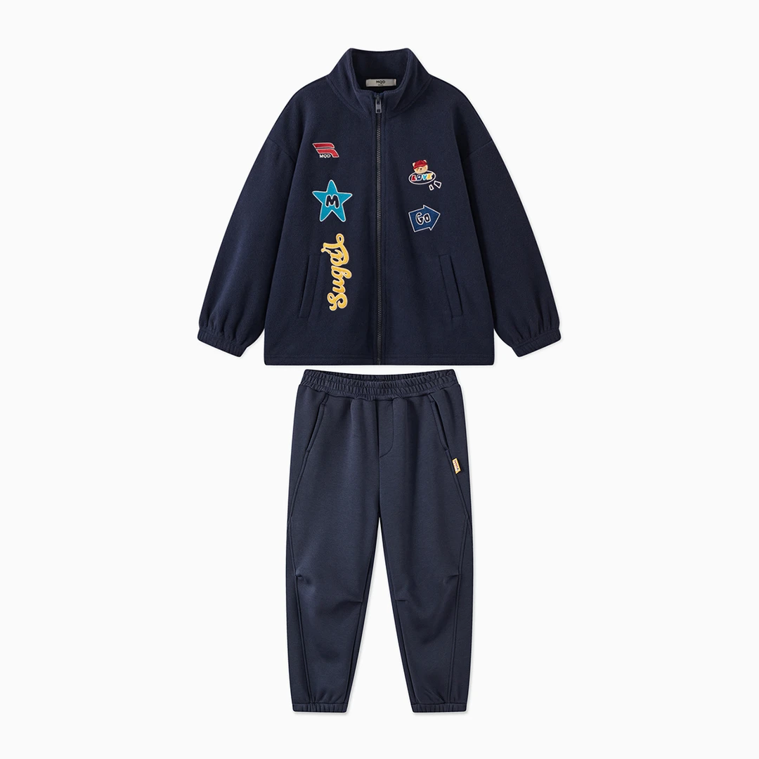 MQD童装24冬季新品学院风经典刺绣立领半高领外套套装TCW0835B