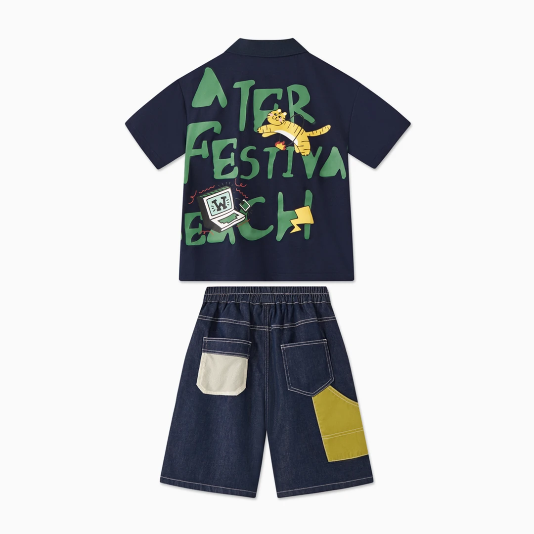 MQD童装儿童25夏时尚字母小猫印花宽松儿童T恤休闲套装TCW0423