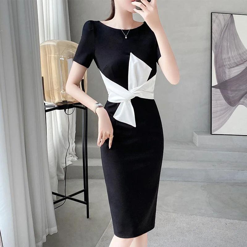 2023春夏高级感黑色蝴蝶结新款气质时尚拼接连衣裙夏季包臀小黑裙