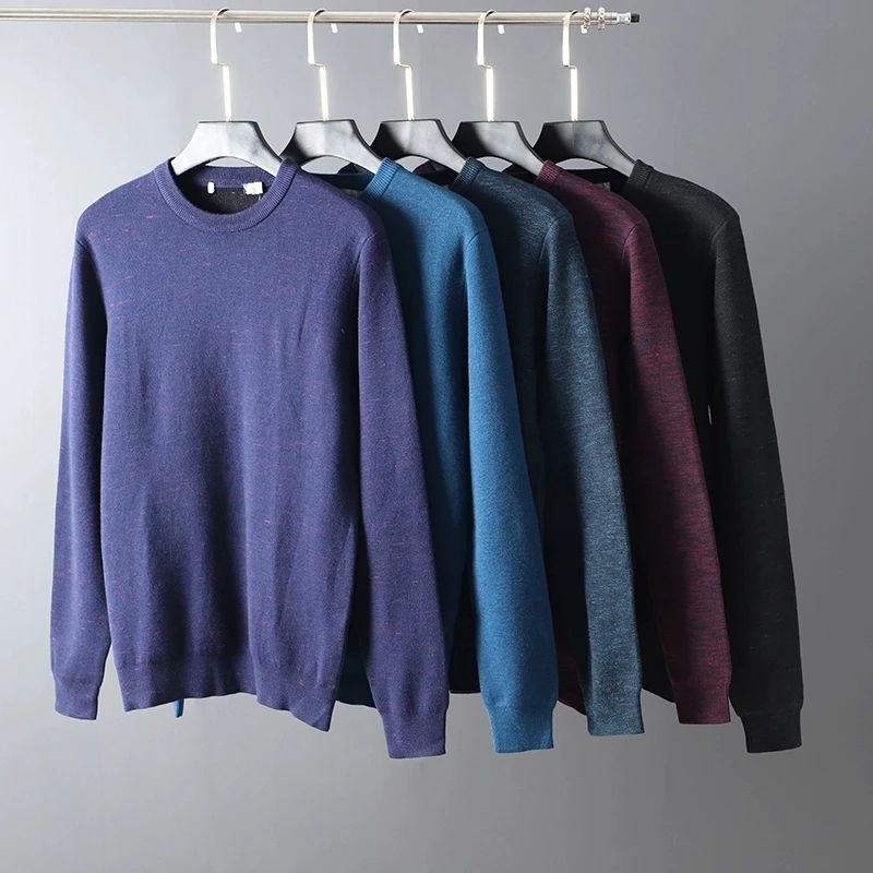 加绒加厚套头衫保暖秋冬男士蓝色圆领针织衫羊毛衣时尚简约绒衫
