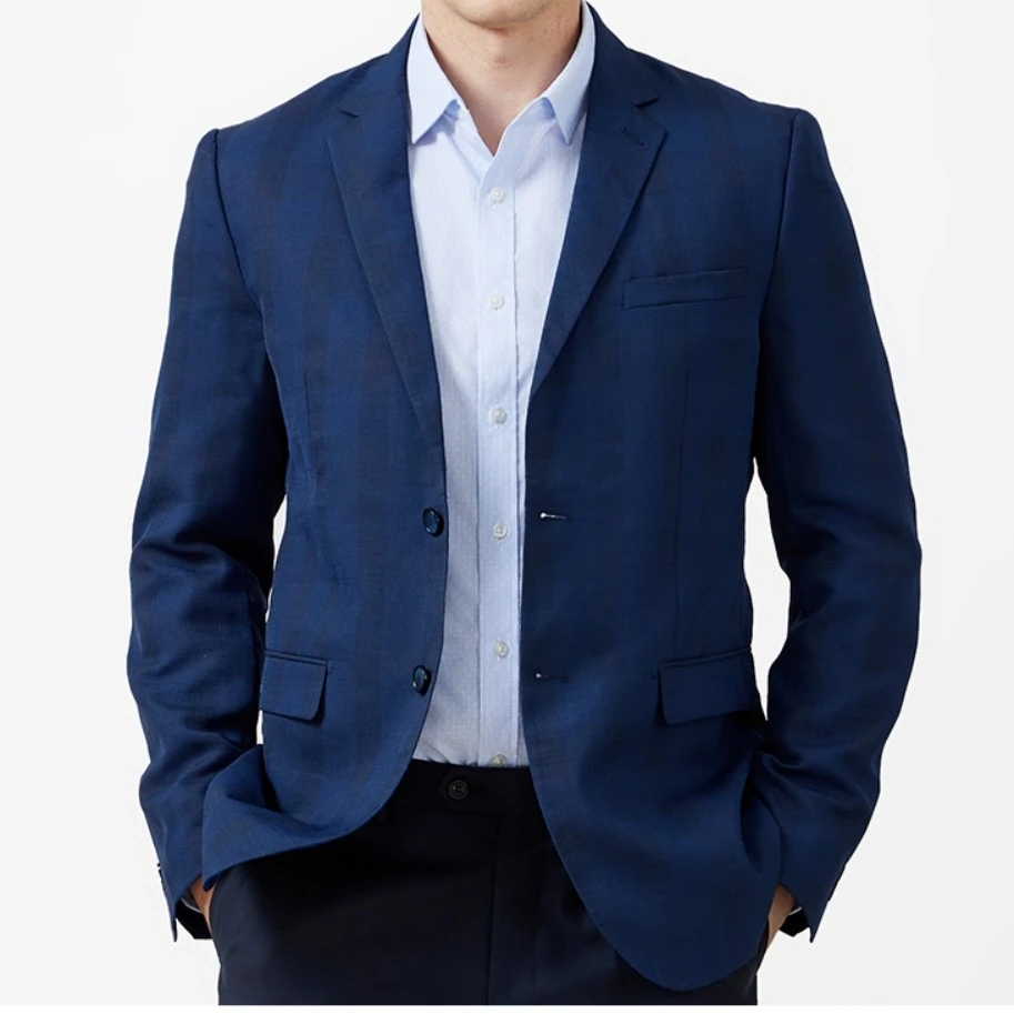 052男装春季款休闲西服青年男士格纹修身商务小西装平驳领蓝色