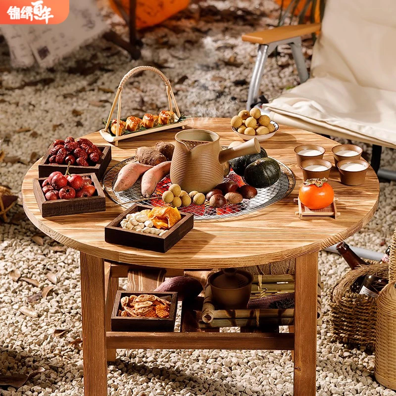冬日围炉煮茶实木桌家用室内取暖碳火炉户外烧烤架老式木炭烤火盆