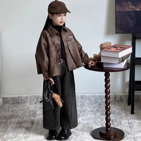 儿童秋冬季套装2024女童秋季甜酷复古皮衣夹克外套毛衣打底阔腿裤