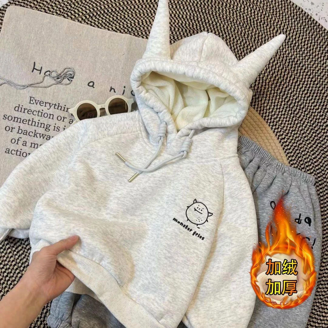 男童加绒加厚卫衣2024秋冬新款韩版儿童宝宝中小童洋气连帽上衣潮