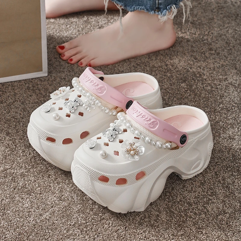 2025新款夏季厚底包头外穿时尚珠珠款情侣EVA凉拖鞋洞洞鞋