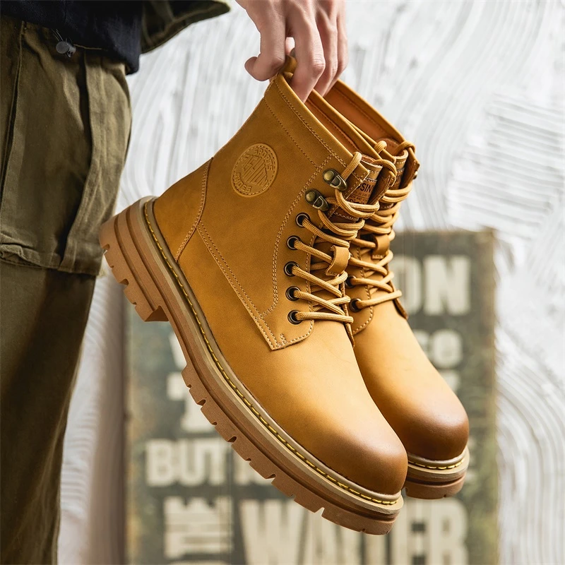 英伦风马丁靴男中帮厚底工装靴户外潮流百搭大黄靴男士短靴D0038