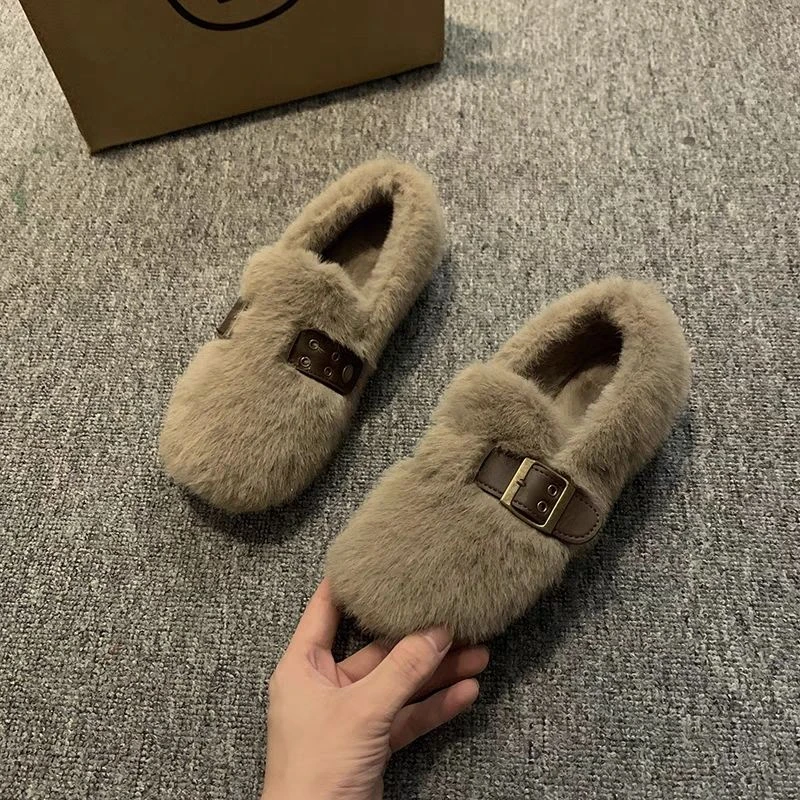 毛毛鞋女冬外穿2025新款一脚蹬豆豆鞋软底勃肯鞋加绒保暖孕妇棉鞋