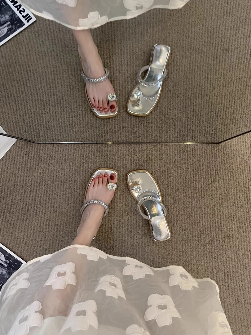 2024年夏季新款方头套趾仙女风配裙子小众水钻百搭一字带拖鞋1