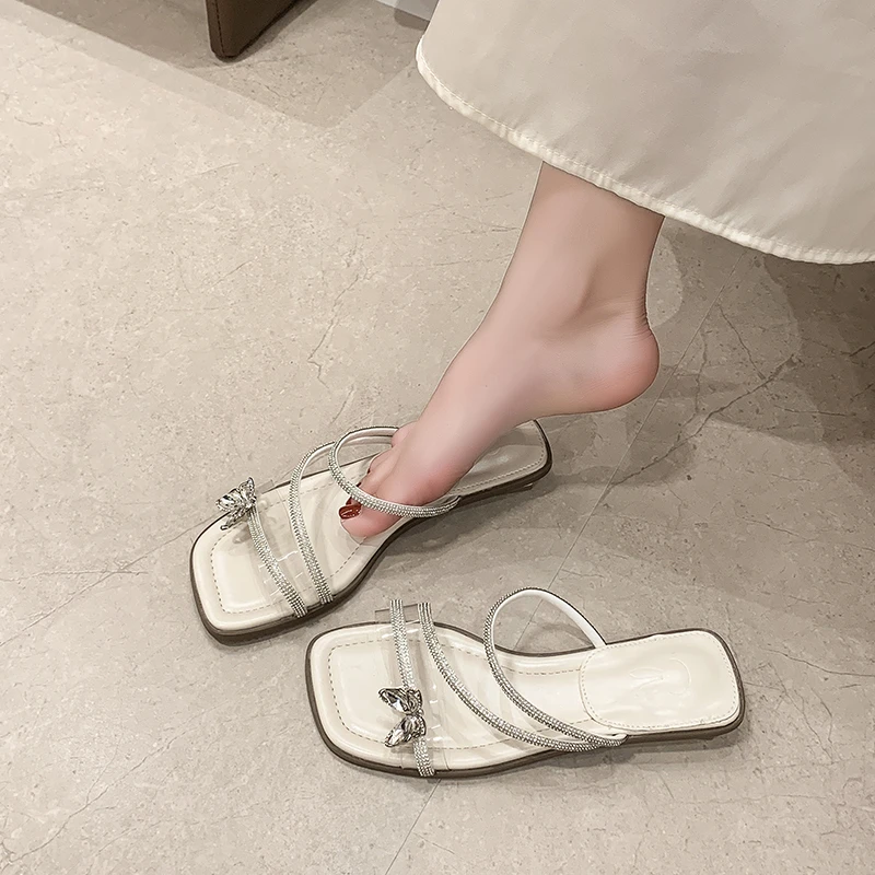 2024蝴蝶结一字带精致女人味水钻配裙子水钻凉拖鞋1