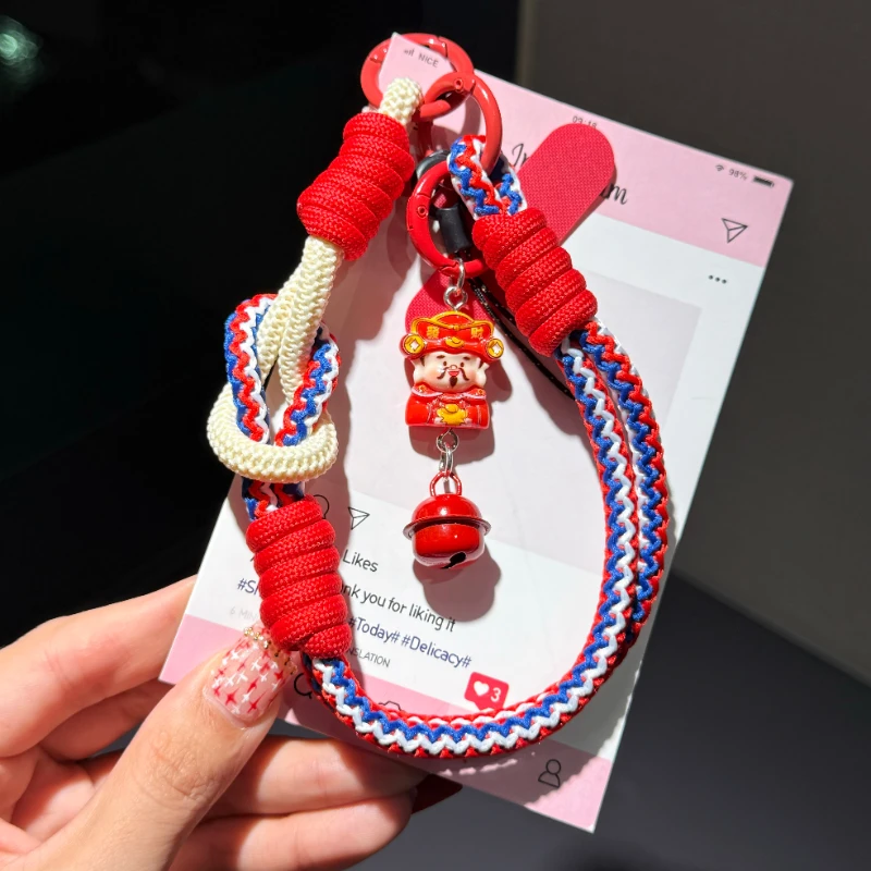 新年款财神爷手机挂绳挂手腕卡通挂件短腕带编织女垫片壳防丢手链
