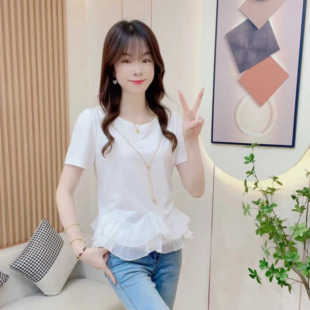 炬雅  夏款设计感下摆波浪荷叶边不规则时尚洋气减龄显瘦百搭上衣