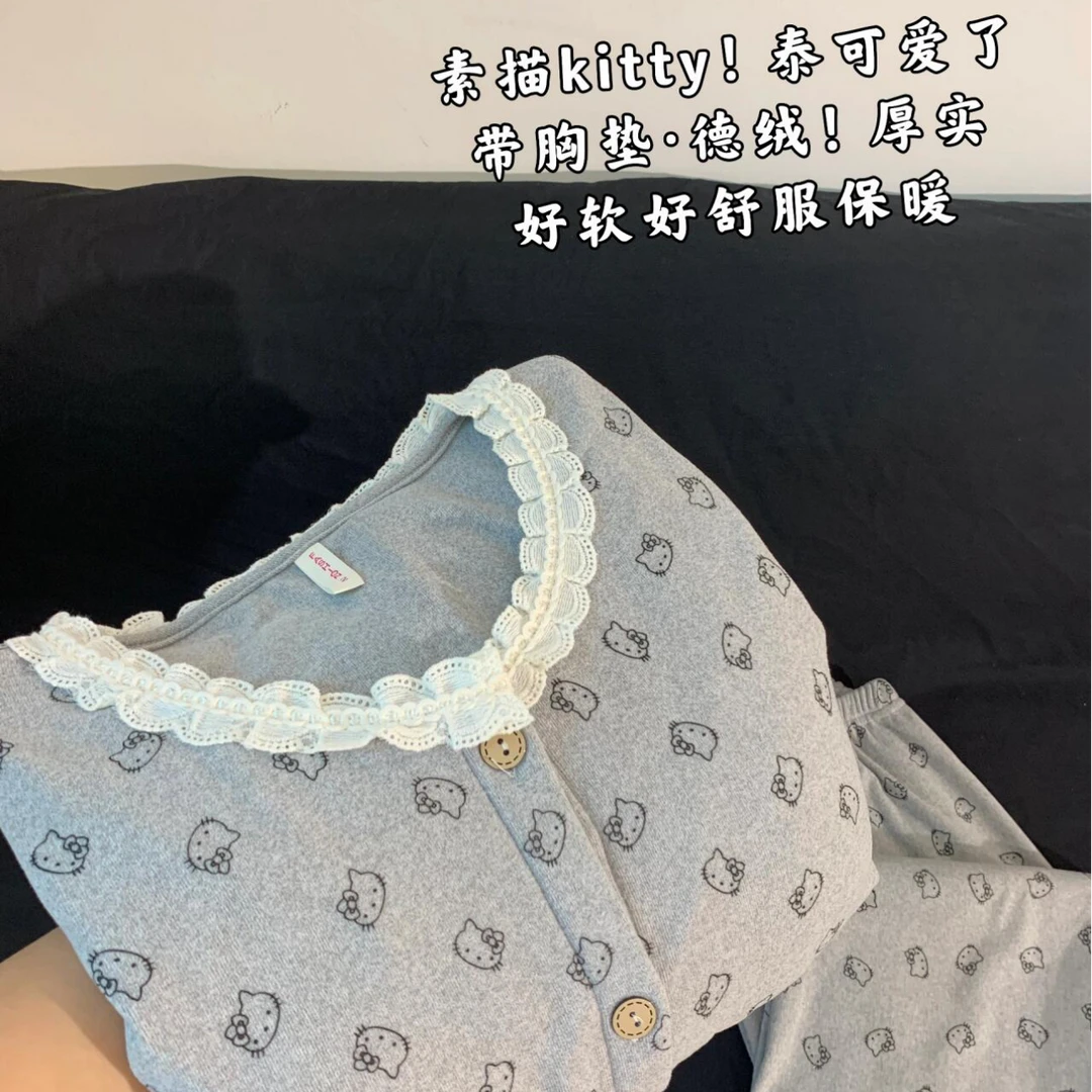 带胸垫防凸点睡衣女秋冬新款蕾丝花边公主风德绒加厚保暖家居服