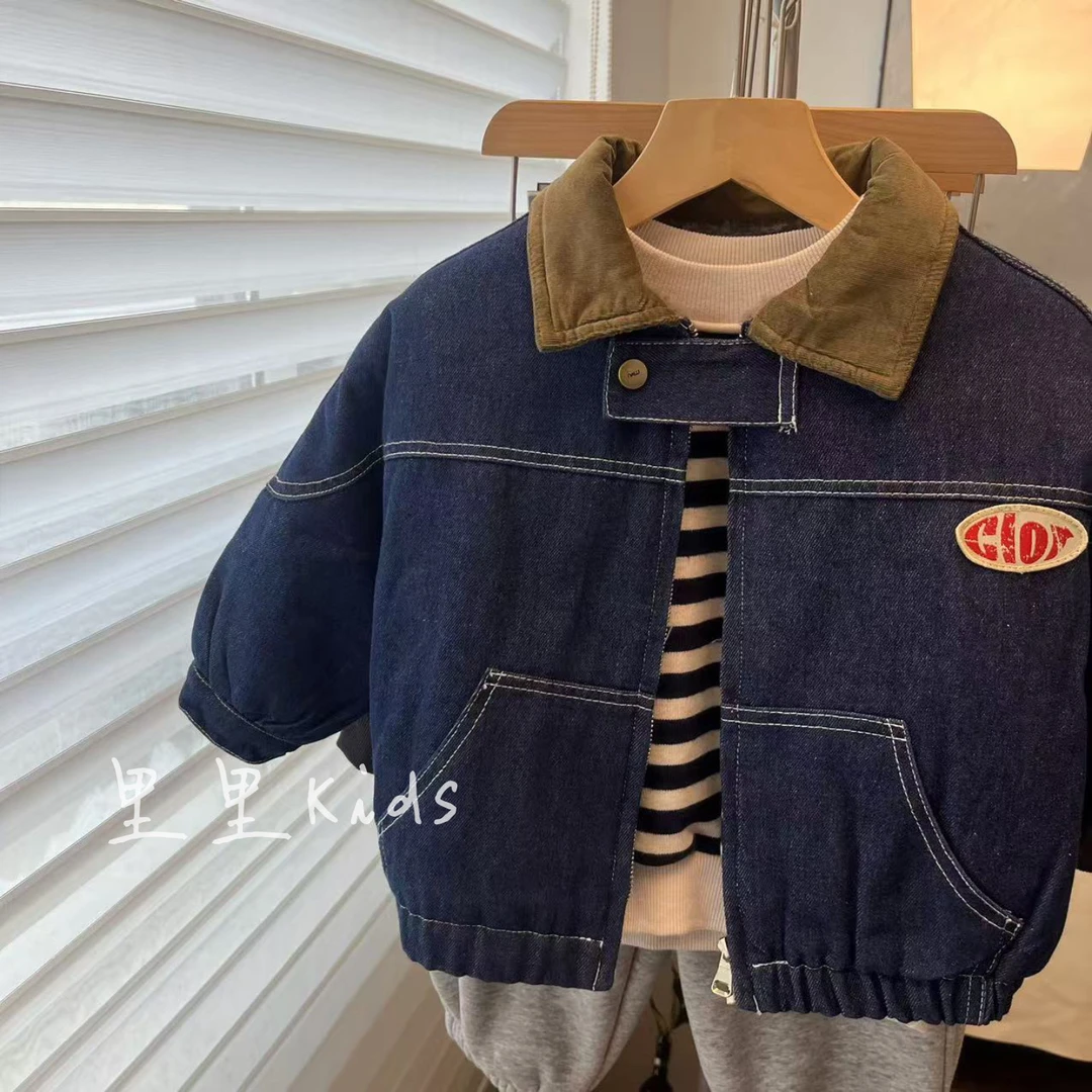 暖暖冬日！韩国男女童贴标洋气加绒牛仔外套儿童灯芯绒翻领上衣冬