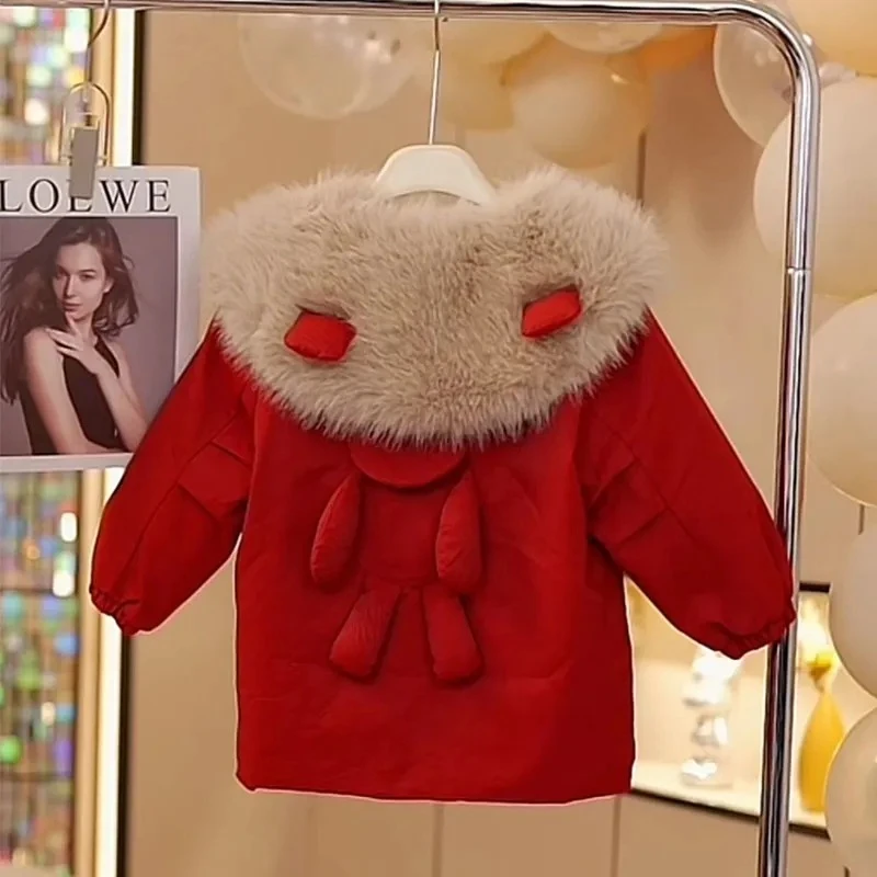 YC女童加绒红色外套冬季24新款儿童派克服中小童女宝宝洋气拜年服