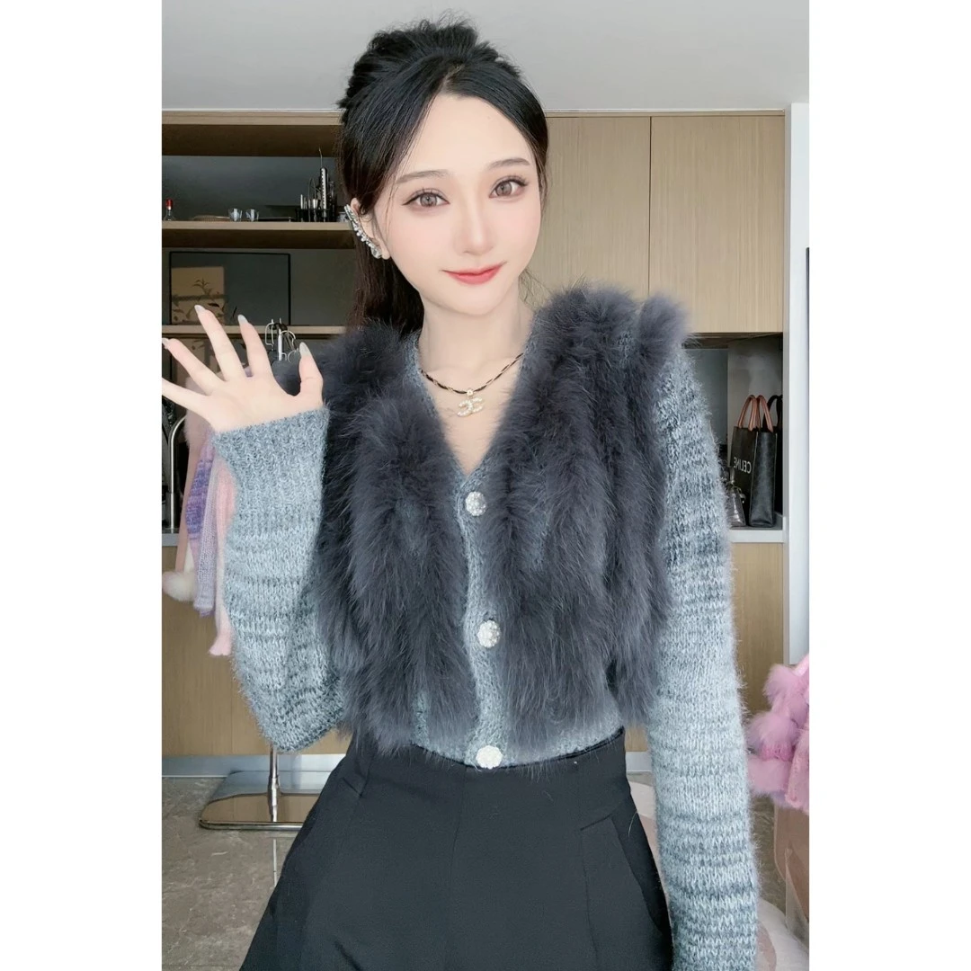 气质时尚秋冬新款狐狸毛拼接毛衣短款开衫外套百搭显瘦名媛轻奢