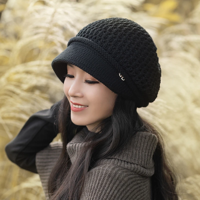 黛莎帽子女春秋显脸小镂空洋气2025女款大头围八角贝雷针织堆堆帽