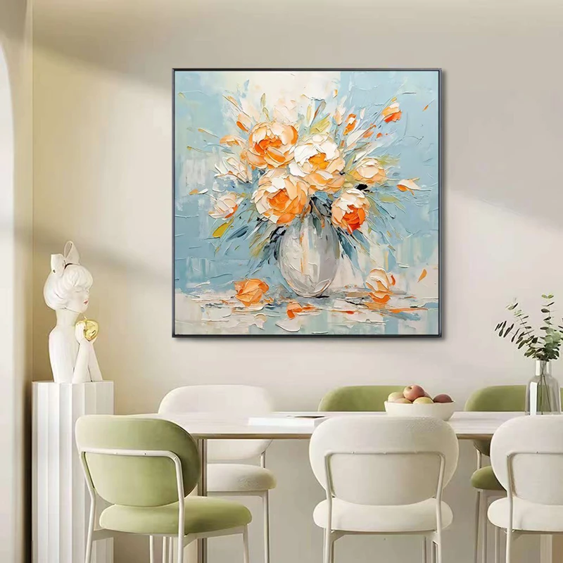 现代简约手绘油画高级感卧室床头挂画美式装饰画肌理花卉餐厅8080