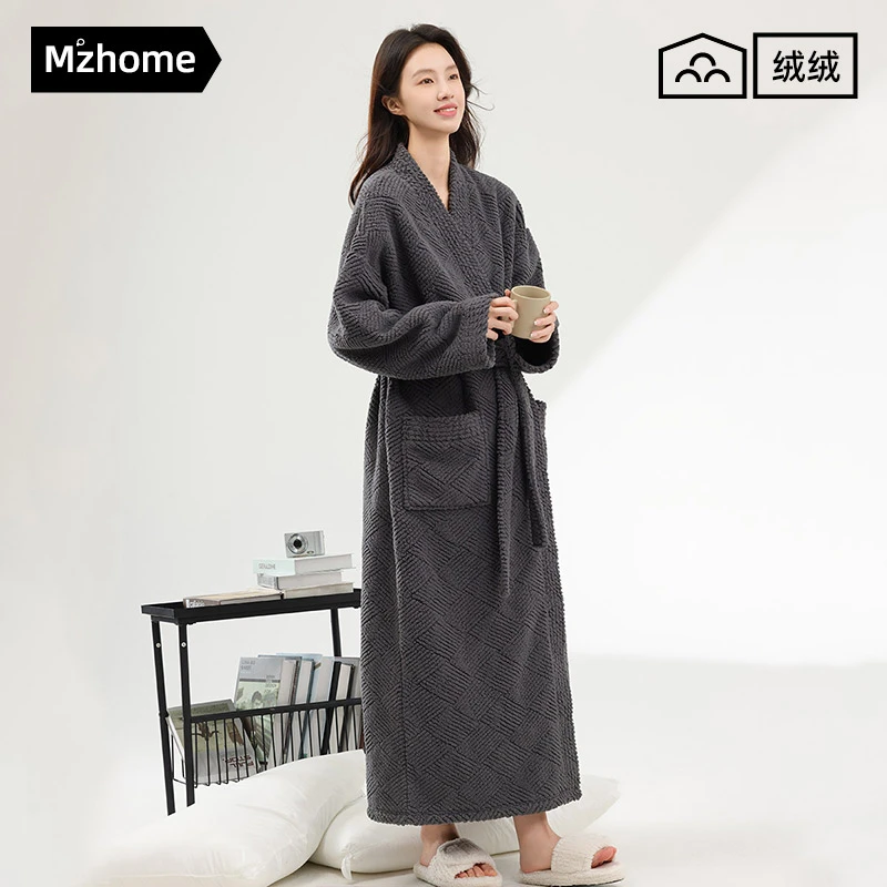 睡袍女秋冬季新款珊瑚绒加绒加厚半边绒睡衣男士浴袍加长款家居服