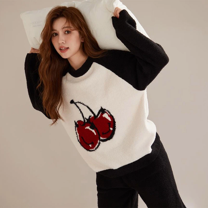 樱桃睡衣女秋冬款加厚半边绒保暖珊瑚绒可外穿冬天甜美家居服套装