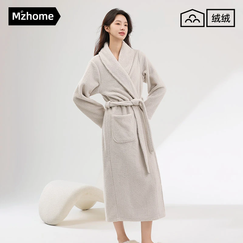秋冬季睡袍女加绒加厚珊瑚绒保暖睡衣中长款宽松家居服浴袍冬款
