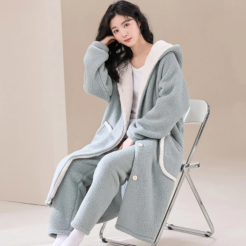 睡衣女秋冬季新款珊瑚绒加厚加绒法兰绒套装女家居服长款睡袍春秋