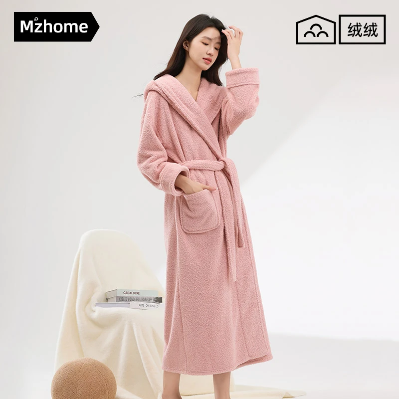 半边绒睡衣女冬季2025新款加厚保暖睡袍连帽珊瑚绒长款浴袍秋冬款