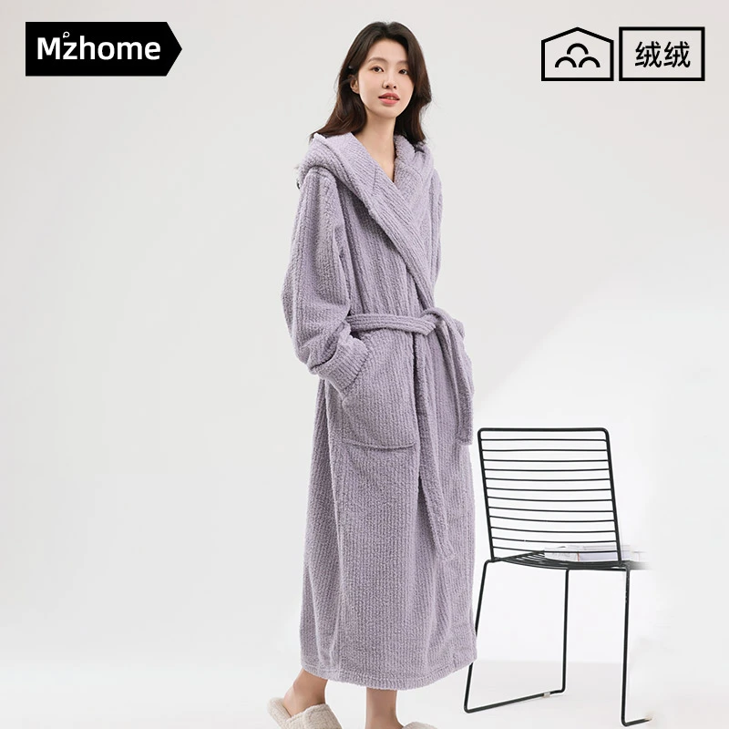 睡袍女秋冬季珊瑚绒加绒加厚连帽条纹长款可外穿睡衣浴袍长袍冬天