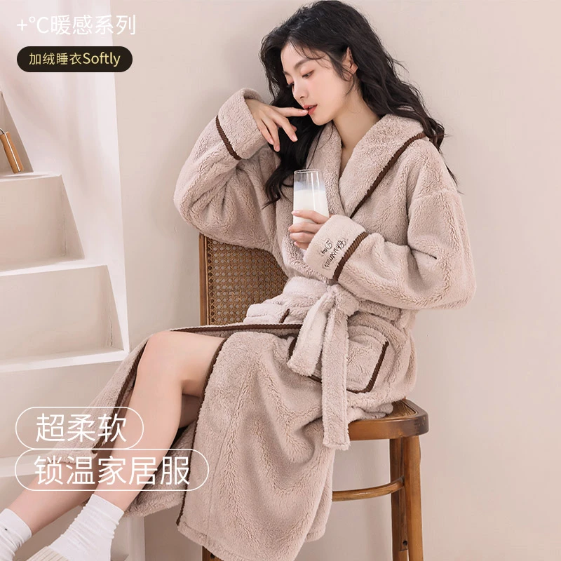 睡袍女士睡衣浴袍秋冬款冬季长款法兰绒加厚加绒珊瑚绒家居服冬天