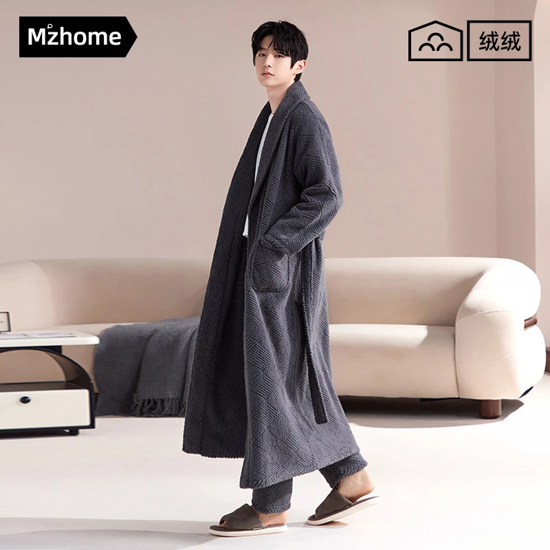 珊瑚绒睡袍男加长款家居服冬季法兰绒浴袍加厚加绒睡衣2024新款
