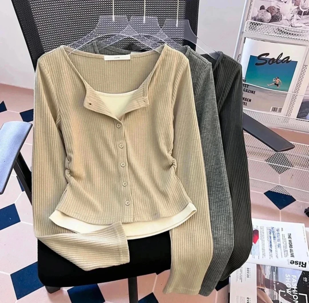 2024新款长袖针织衫假两件修身短款小众设计感V 领上衣